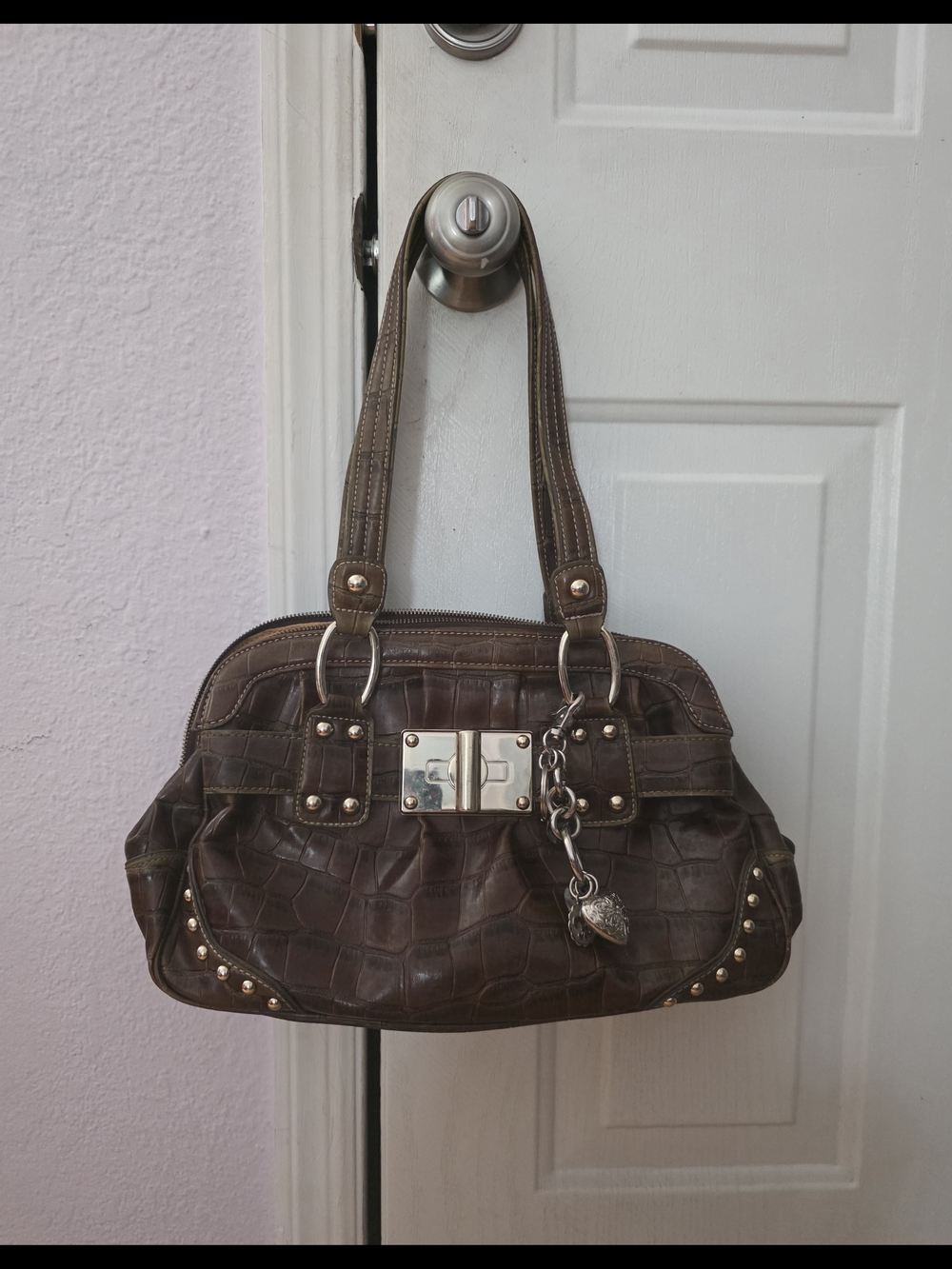 Brown Croc-Embossed Satchel Handbag with Heart Charm